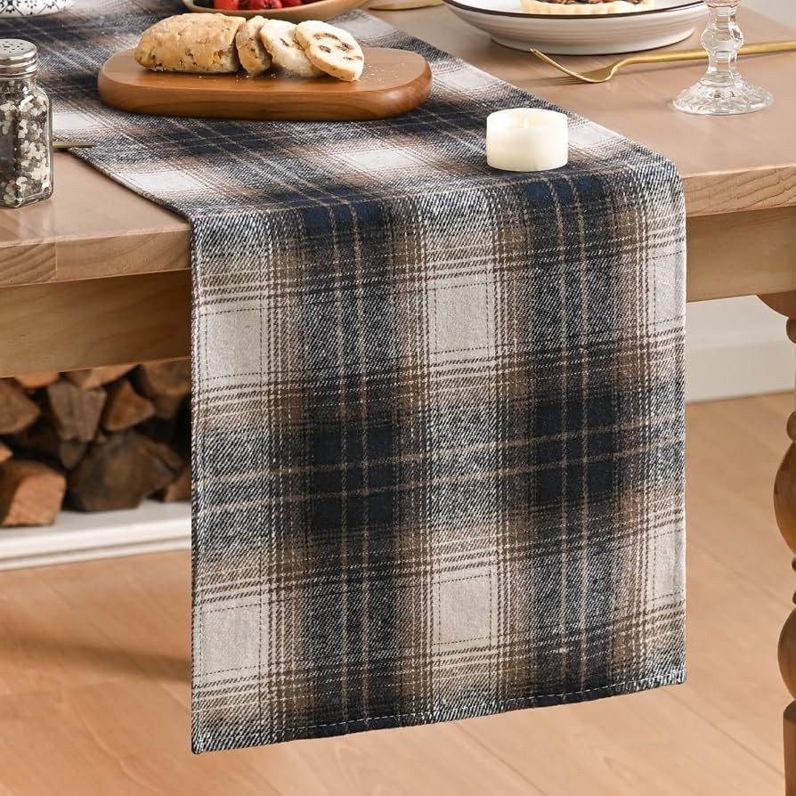 Artoid Mode Dark Blue Brown Farmhouse Plaid Table Runner, Winter Rustic Holiday Check Kitchen Din... | Amazon (US)