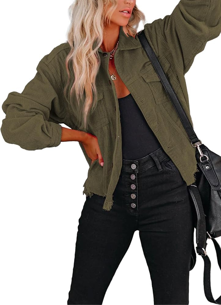RAISECOM Womens Fall Fashion 2023 Corduroy Jacket for Women Long Sleeve Cropped Shacket Button Do... | Amazon (US)