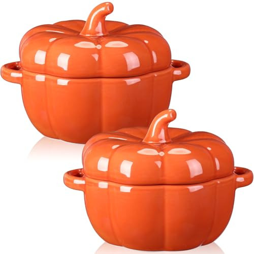 Hushee 2 Pcs Pumpkin Ceramic Soup Bowls Thanksgiving Dutch Oven Pot with Lid 14.2 oz Double Ear Casserole Cookware Dish Pot for Thanksgiving Autumn Fall Harvest Party Baking Cooking Supplies | Amazon (US)