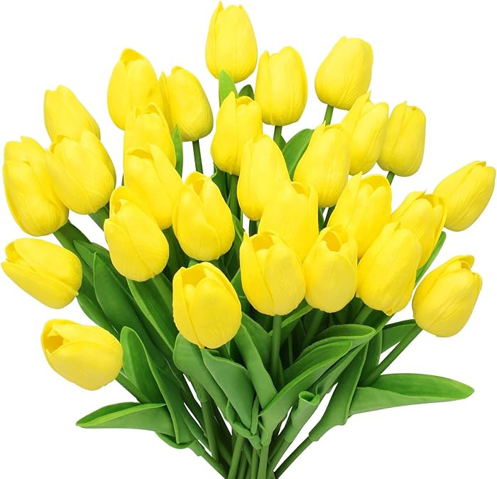 28pcs Yellow Flowers Artificial Tulip Stems Real Feel PU Tulips for Easter Spring Wreath Wedding ... | Amazon (US)