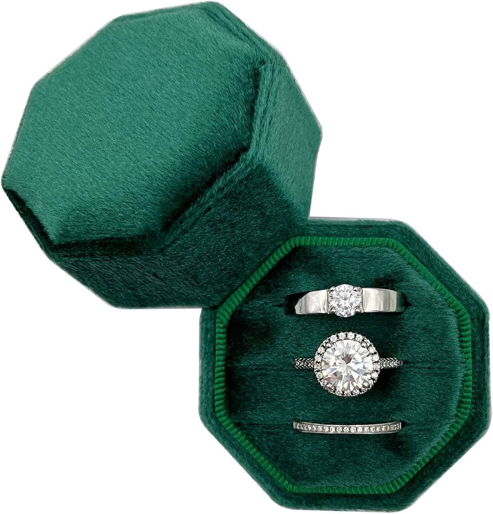 Velvet Ring Box 3 Slots - Octagon Premium Handmade Three Rings Slot Bearer Storage for Wedding Ce... | Amazon (US)