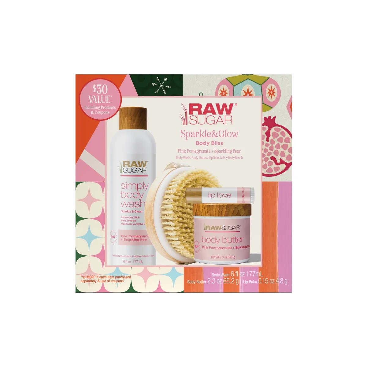 Raw Sugar Sparkle & Glow Body Bliss 4-Piece Gift Set with Dry Body Brush | Walmart (US)