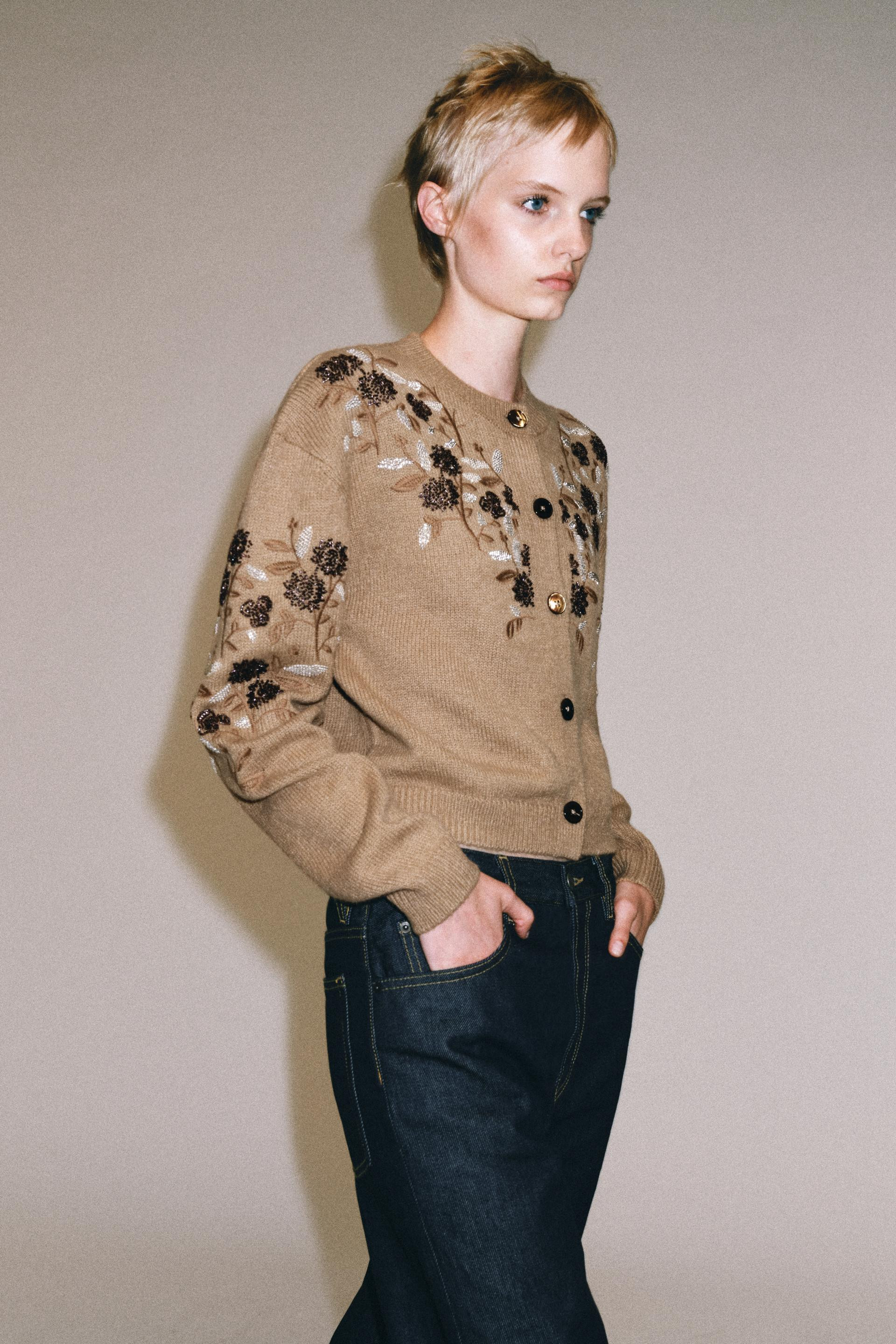 Zara - Cardigan With Beaded Embroidery - Taupe Brown - S - Woman | Zara US