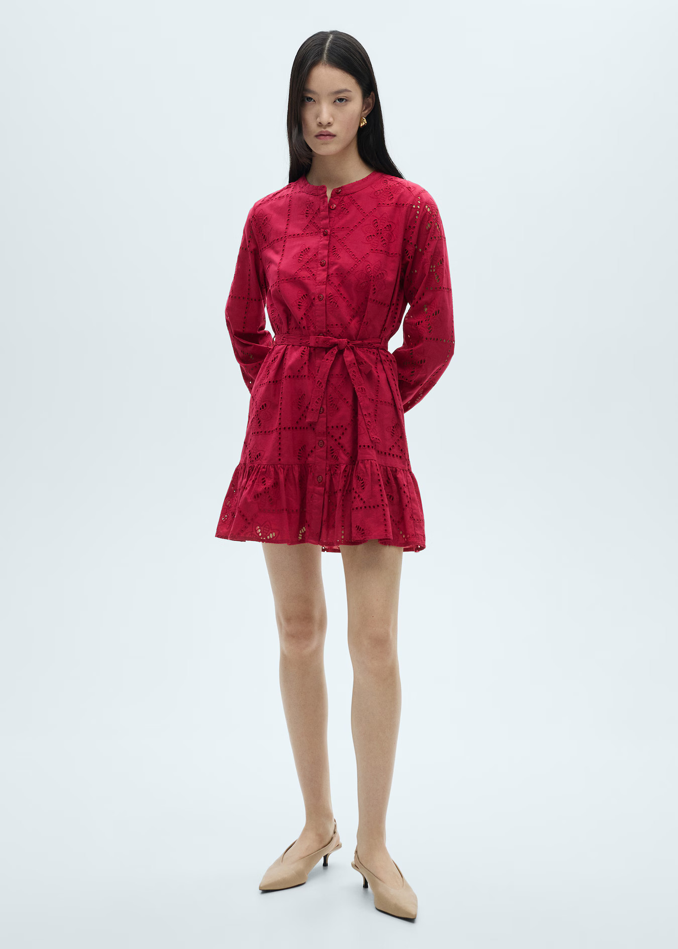 Ruffled dress with embroidered openwork - Women | MANGO USA | Mango (US/MX/AU)