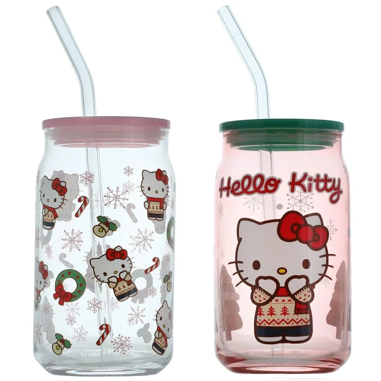 Hello Kitty Holiday Tumbler Set With Lid and Straw, 16 oz, 2 Glass Tumblers | Walmart (US)