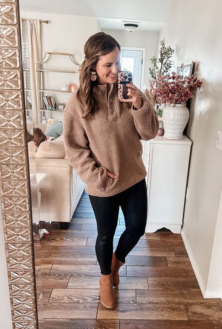 Fall outfit. Wearing size m. Use Dorothy20 for 20% off the Brown sherpa pullover or anything at Pink lily. 

Sherpa jacket. Teddy jacket. Faux leather leggings from amazon. Target boots. Ankle boots. Fall booties. Casual outfit. Mom fashion. Amazon fashion finds. 
