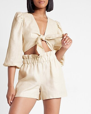 Sparkle Linen-Blend Tie Front Cropped Top | Express