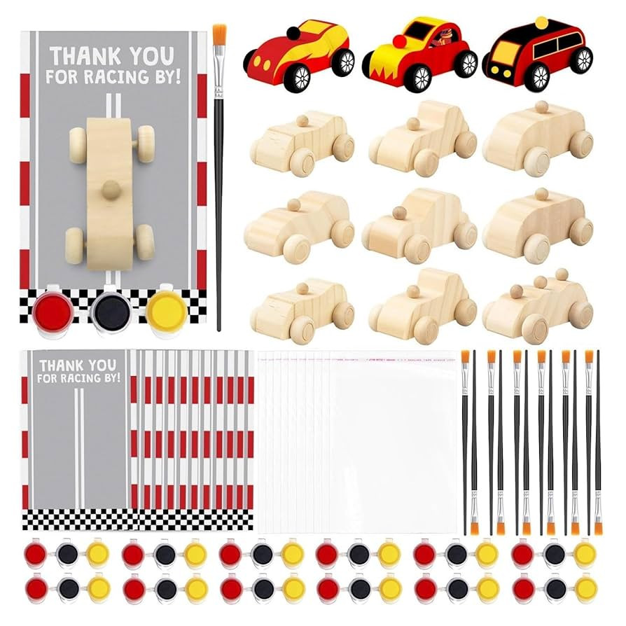 BOIKOKY Racecar Painting Party Favors Kit - 12 Unfinished Wooden Cars, Acrylic Paints, Brushes, T... | Amazon (US)