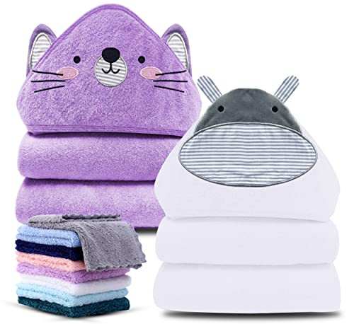 Cute Castle 2 Pack Hooded Baby Towel Rayon Made from Bamboo with 8 Washcloths - Soft Bath Towel for Bathtub for Babie, Newborn, Infant, Natural Baby Stuff Towel (Hippo and Cat) | Amazon (US)