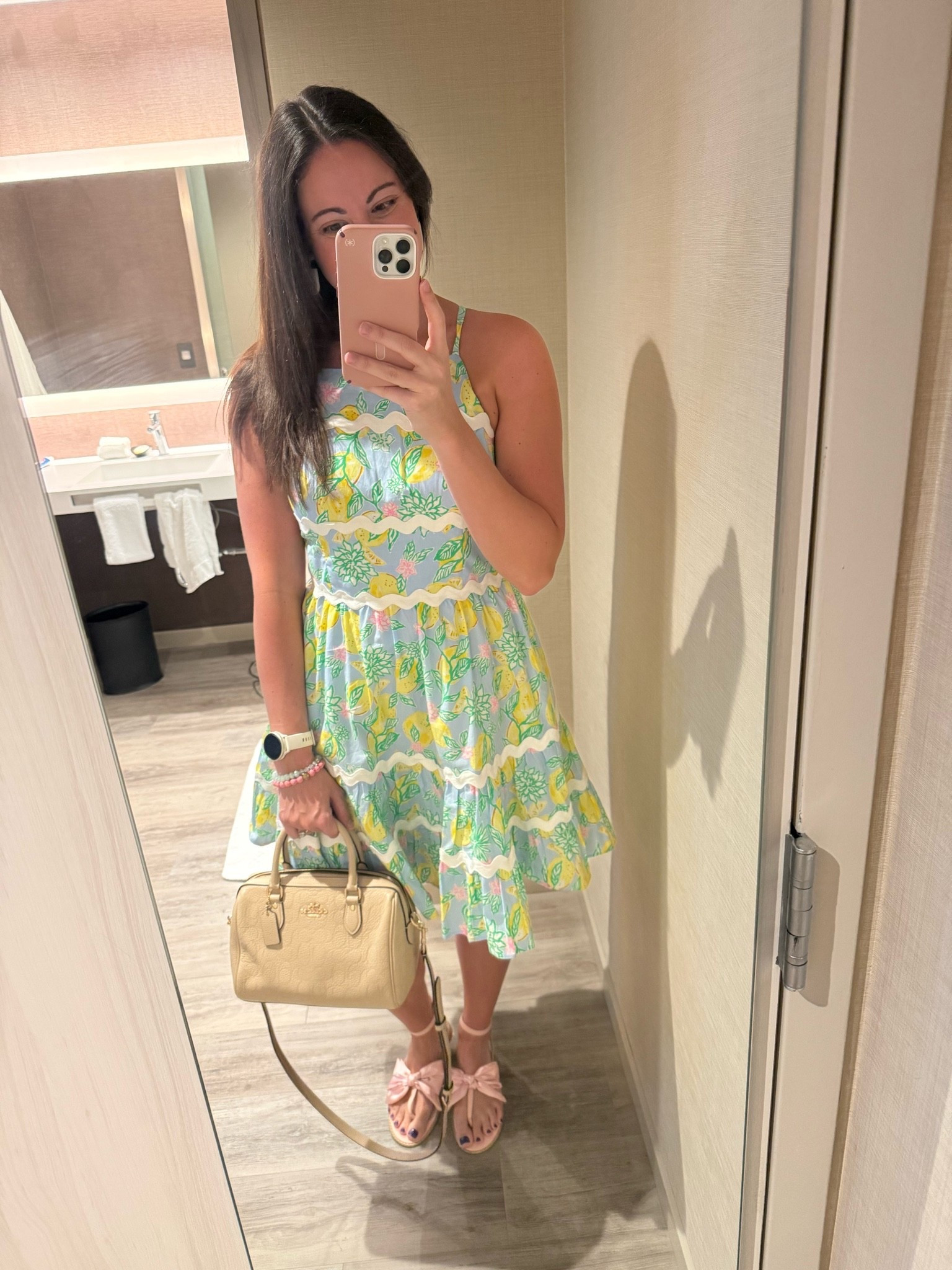 Date night fit that I love for summer! A sweet lemon printed dress with bow sandals to make it fun and flirty and feminine! Dress from Lilly Pulitzer, Jack Rogers sandals and a Coach bag!

#LTKdayinmylife #LTKgrwm #LTKootd