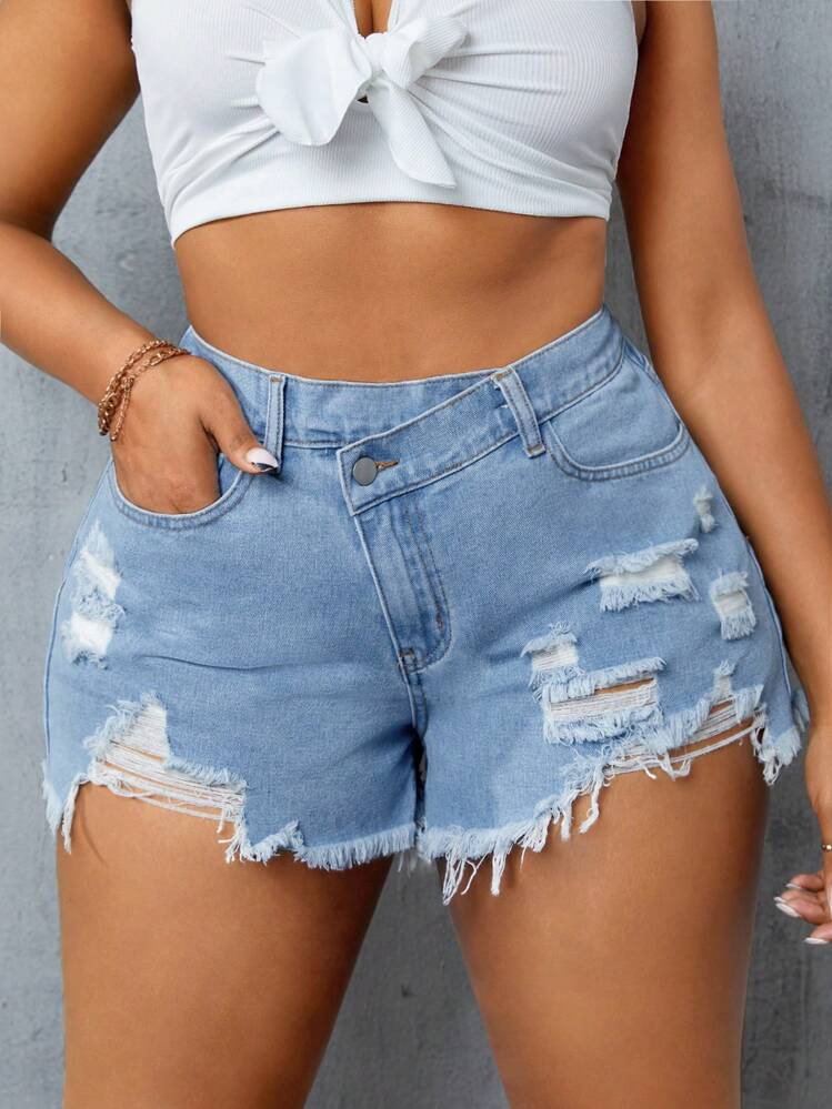 SHEIN SXY Plus Size Women'S Ripped Frayed Denim Shorts | SHEIN