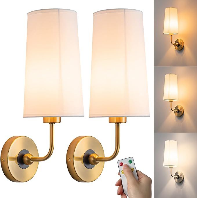Vintage Battery Operated Wall Sconce Set of 2 Wall Lamp with Remote Control, White Fabric Shade W... | Amazon (US)