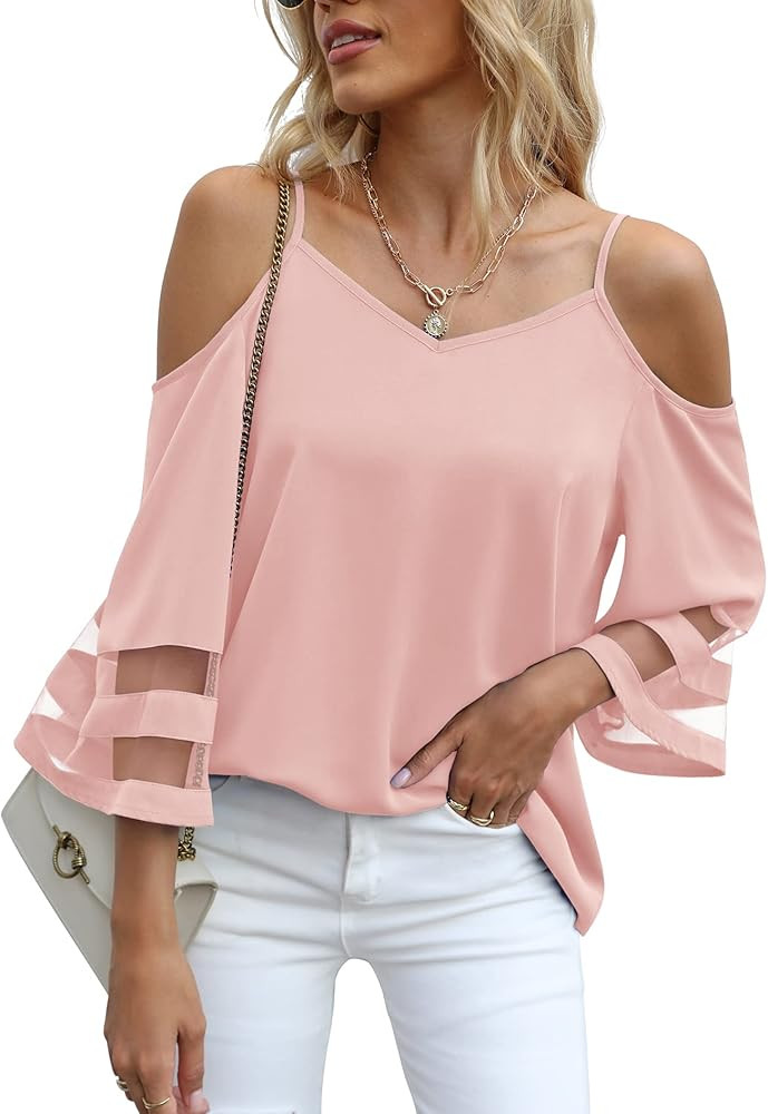Jouica Women‘s Summer Cold Shoulder Tops Mesh Panel 3/4 Bell Sleeve Tees Adjustable Spaghetti S... | Amazon (CA)