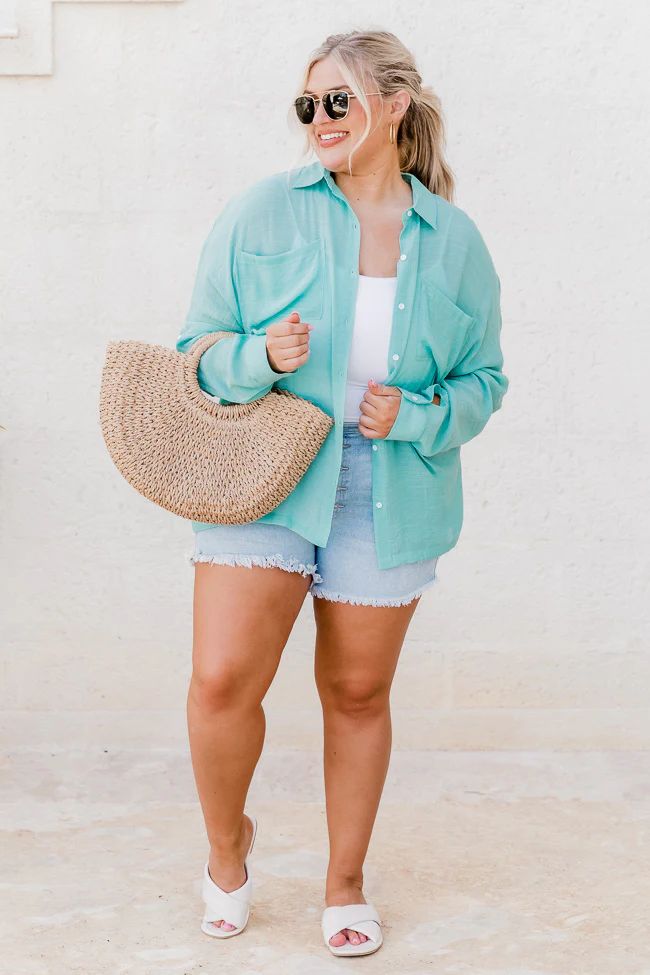 Wouldn't Miss It Aqua Lightweight Button Front Blouse | Pink Lily