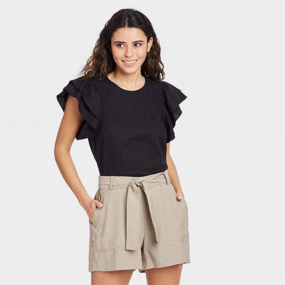 Women's Ruffle Short Sleeve Linen Top - A New Day Black M | Target