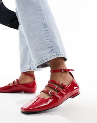 Public Desire Sherry strappy mary jane ballet flats in cherry red patent | ASOS (Global)