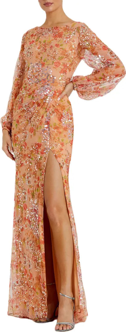 Floral Print Sequined Puff Sleeve Gown | Nordstrom