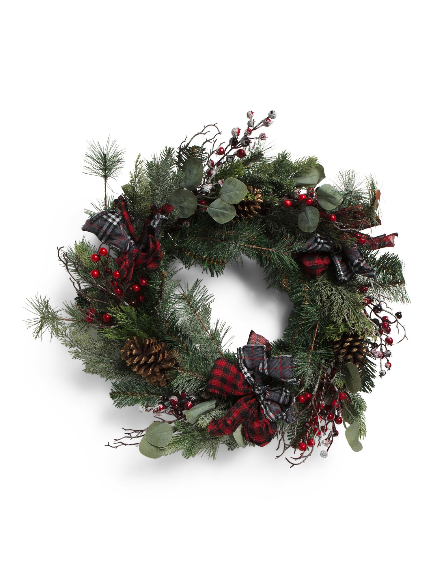 24in Plaid And Berries Artificial Christmas Wreath | TJ Maxx