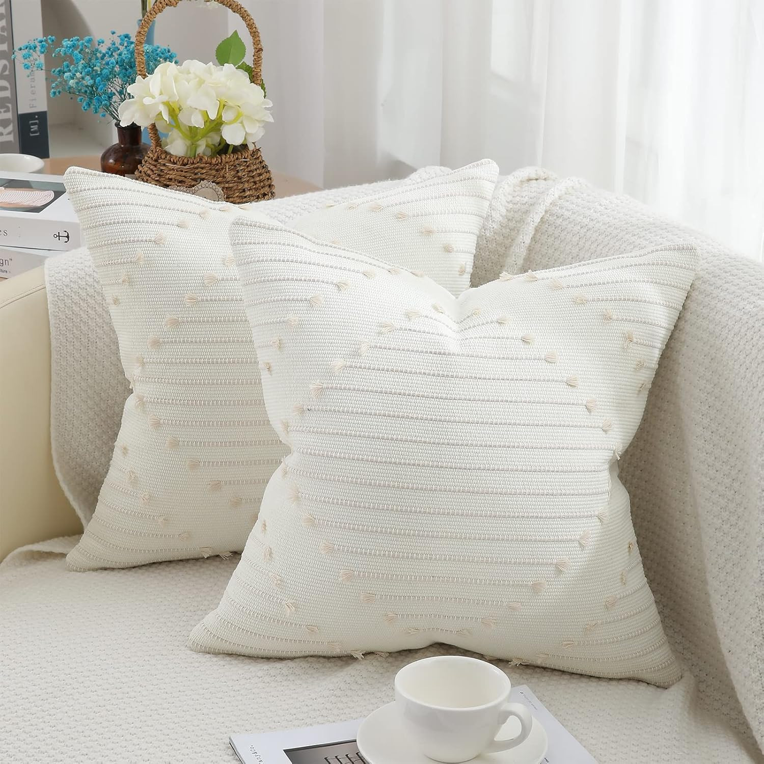 Mecatny Boho Throw Pillow Covers Beige and Cream White Pillow Covers 20X20 Set of 2 Farmhouse Dec... | Amazon (US)