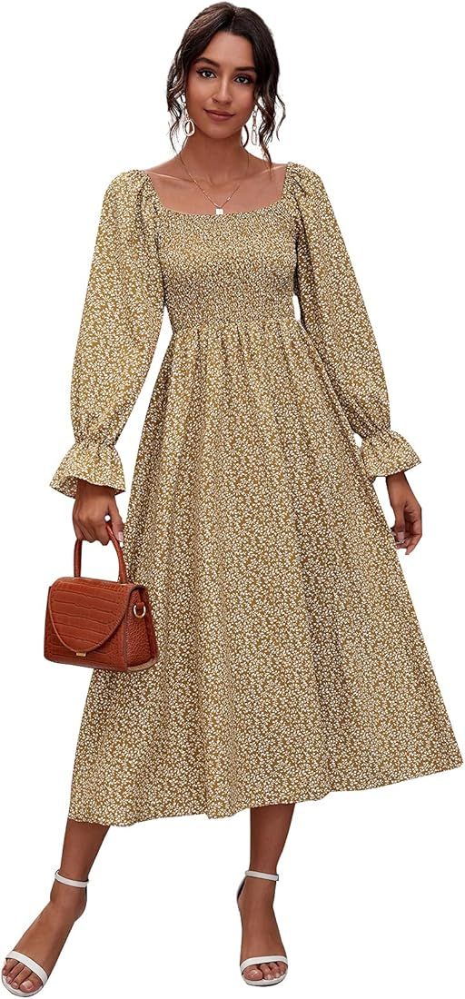 MakeMeChic Women's Boho Floral Print Shirred Square Neck Long Sleeve A Line Long Dress | Amazon (US)