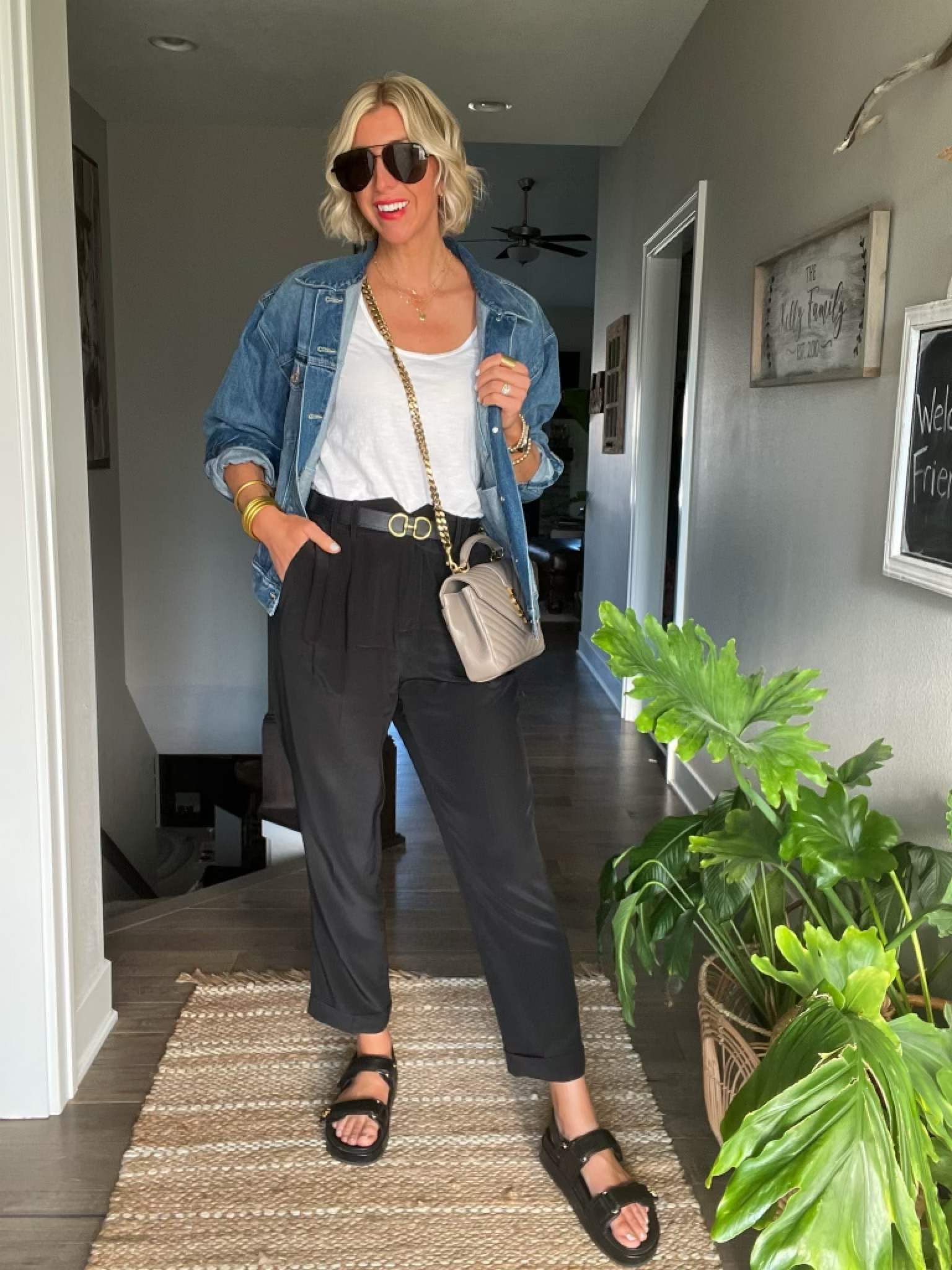 Travel outfit idea, tapered silk pants, white tshirt, denim jacket, black sandals 

#LTKstyletip #LTKtravel #LTKSeasonal