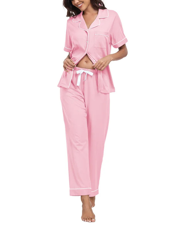 MAYFISH 100% Cotton Women's Pajamas Sets Button Down Sleepwear Short Sleeve with Long Pants Loung... | Walmart (US)