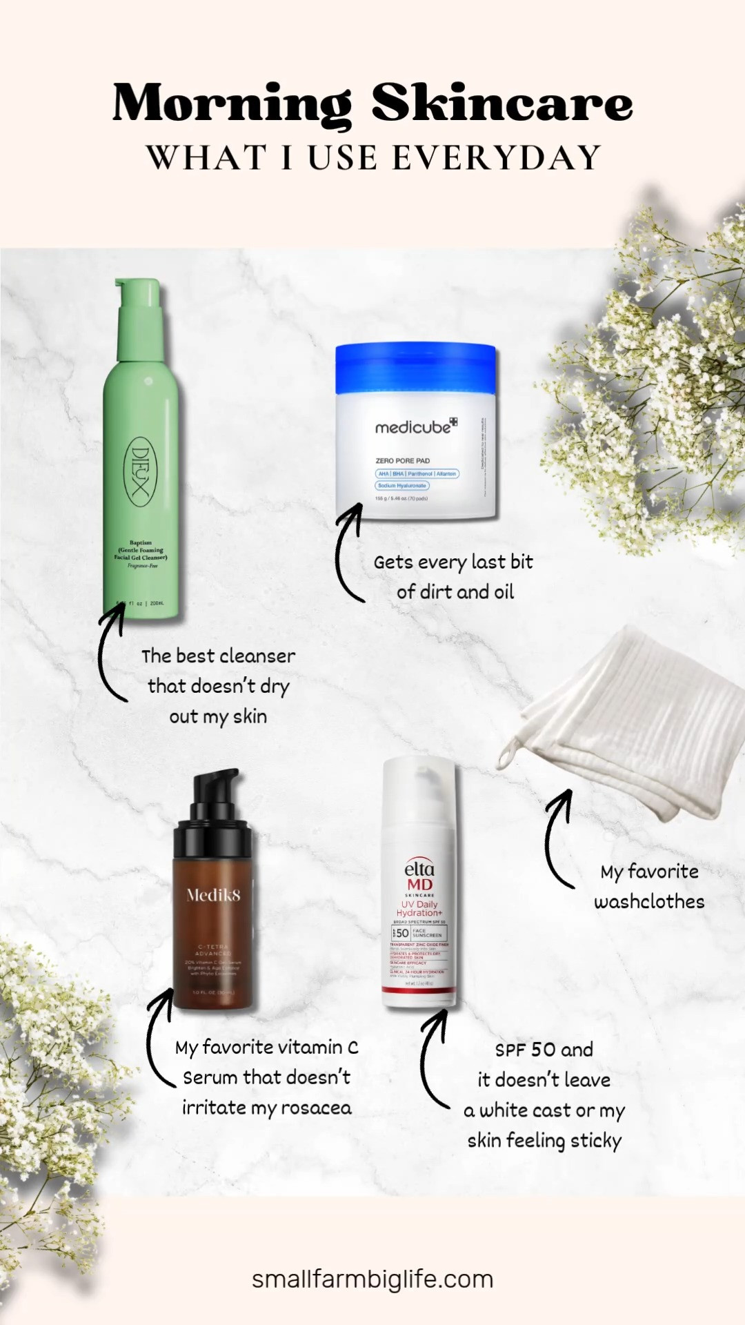 My morning skincare routine is simple and these are the five products I reach for every single day.

I start with these organic gauze washcloths, they are gentle and my favorite for washing my face without irritation. My cleanser is the Dieux Skin Baptism gel cleanser, it is the best formula I have found that does not dry out my skin. Next is this Zero Pore toner pad with a dual textured surface that gets every last bit of dirt and oil.

For serum, I use the Medik8 C-Tetra vitamin C gel serum, my favorite because it does not irritate my rosacea. I finish with EltaMD SPF 50 daily face sunscreen, it has zinc oxide and does not leave a white cast or sticky feeling.

#morningskincare #skincareroutine #vitaminCserum #spfmoisturizer #genzleskincare 

 #LTKmorningroutine #LTKselfcare #LTKOver40