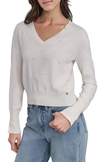DKNY Jeans V-Neck Crystal Embellished Sweater in Eggnog Heather at Nordstrom Rack, Size Medium | Nordstrom Rack