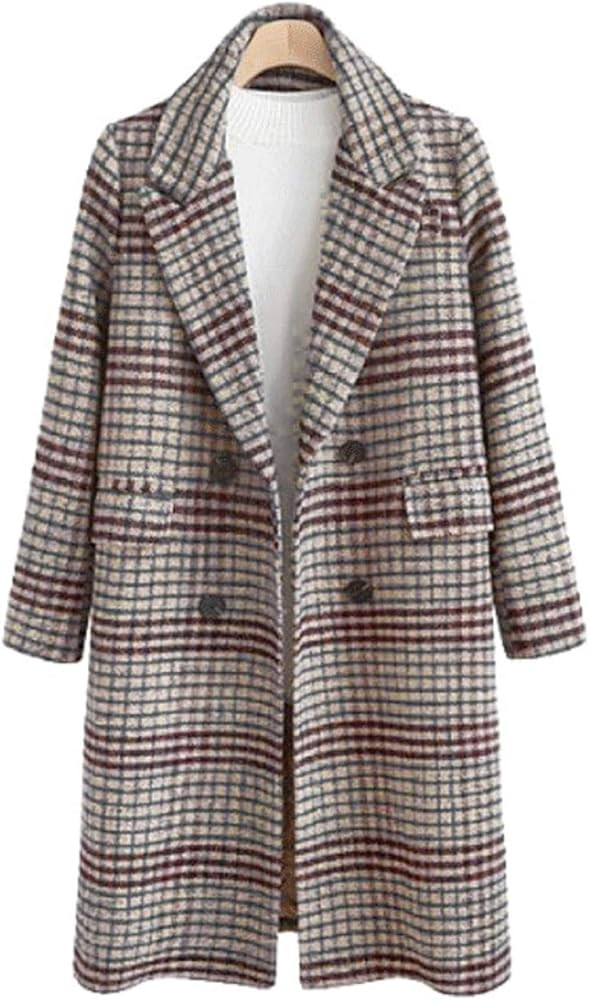 CHARTOU Women's Winter Oversize Lapel Collar Woolen Plaid Double Breasted Long Peacoat Jacket | Amazon (US)