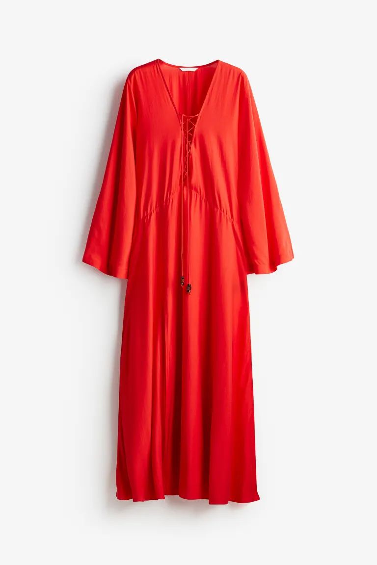 Kaftan Dress with Lacing - V-neck - Long sleeve - Bright red - Ladies | H&M US | H&M (US + CA)