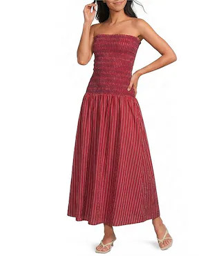 Line and Dot Claudina Stripe Print Strapless Drop Waist Smocked Maxi Dress | Dillard's | Dillard's