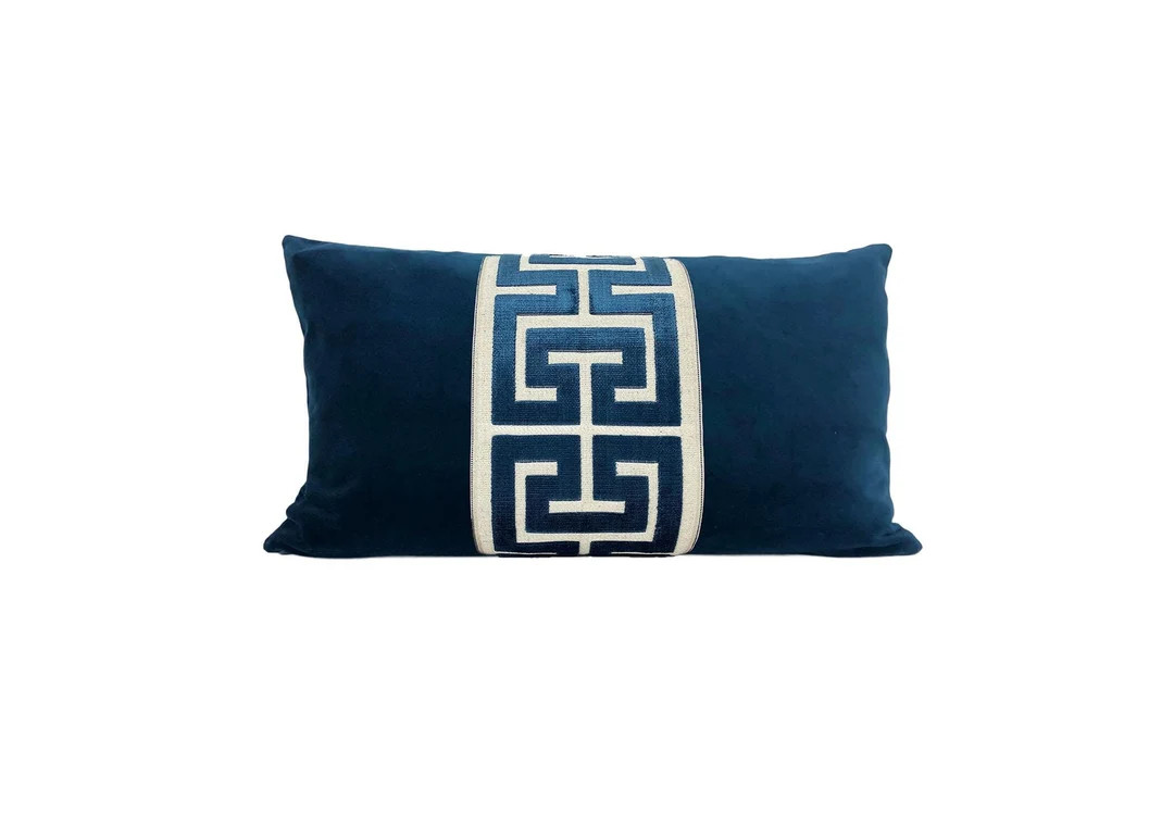 Navy Blue Velvet Lumbar Pillow Cover with Large NAVY Greek Key Trim | Etsy (US)