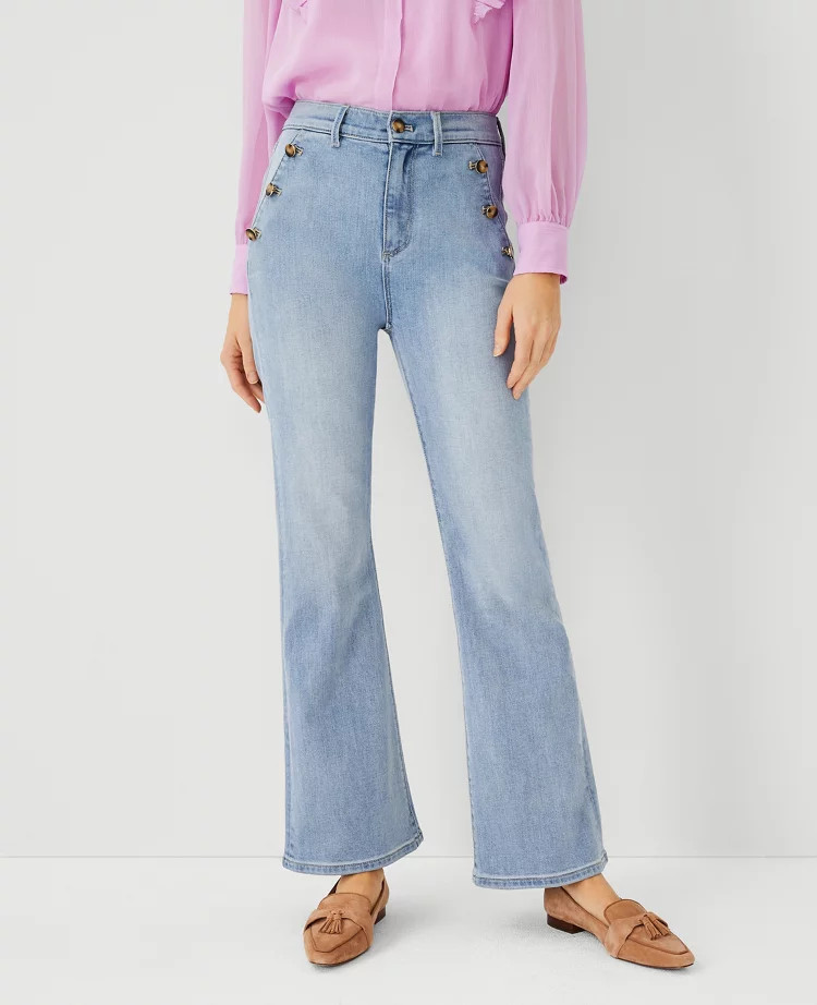 Petite Button Trim High Rise Admiral Flare Jeans in Light Stone Wash | Ann Taylor (US)