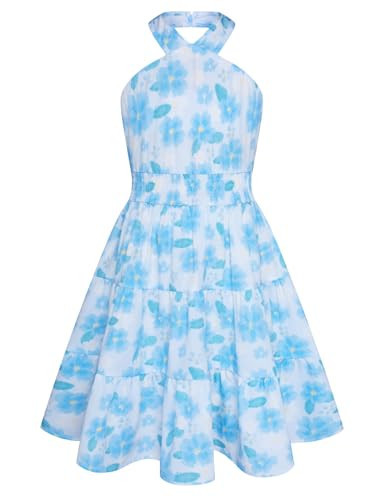 GRACE KARIN Girls Dresses Halter Neck Sleeveless Midi Floral Dress Summer Beach Dress Size 10-12,Blue Floral | Amazon (US)