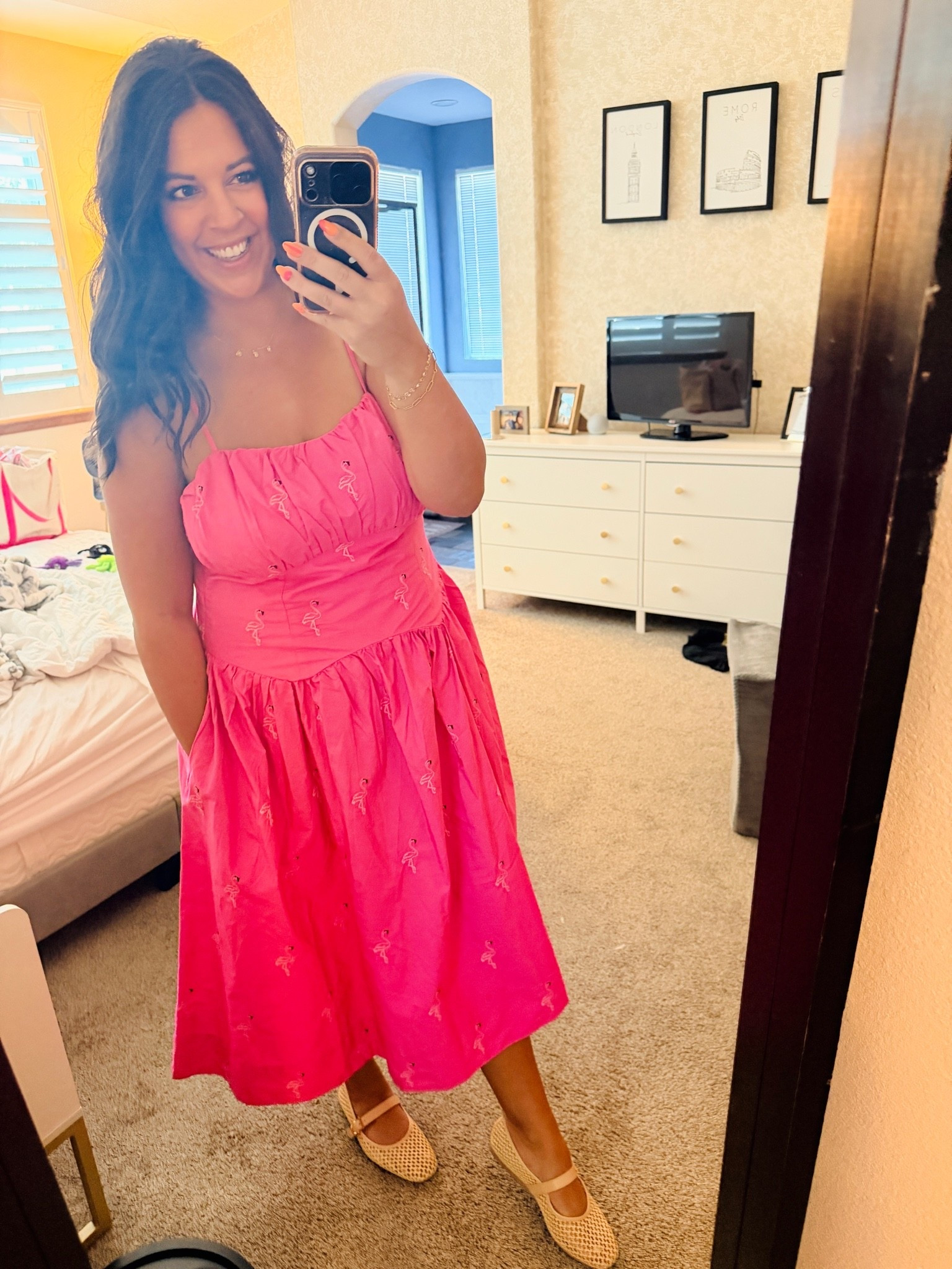 This pink flamingo midi dress has a bow that ties in the back and adjustable straps. 

I’m wearing a 12/14 since I am blessed in the chest, and it’s slightly big, but I think if I sized down, it wouldn’t fit where I needed it.

#LTKootd #LTKMidsize #LTKSeasonal