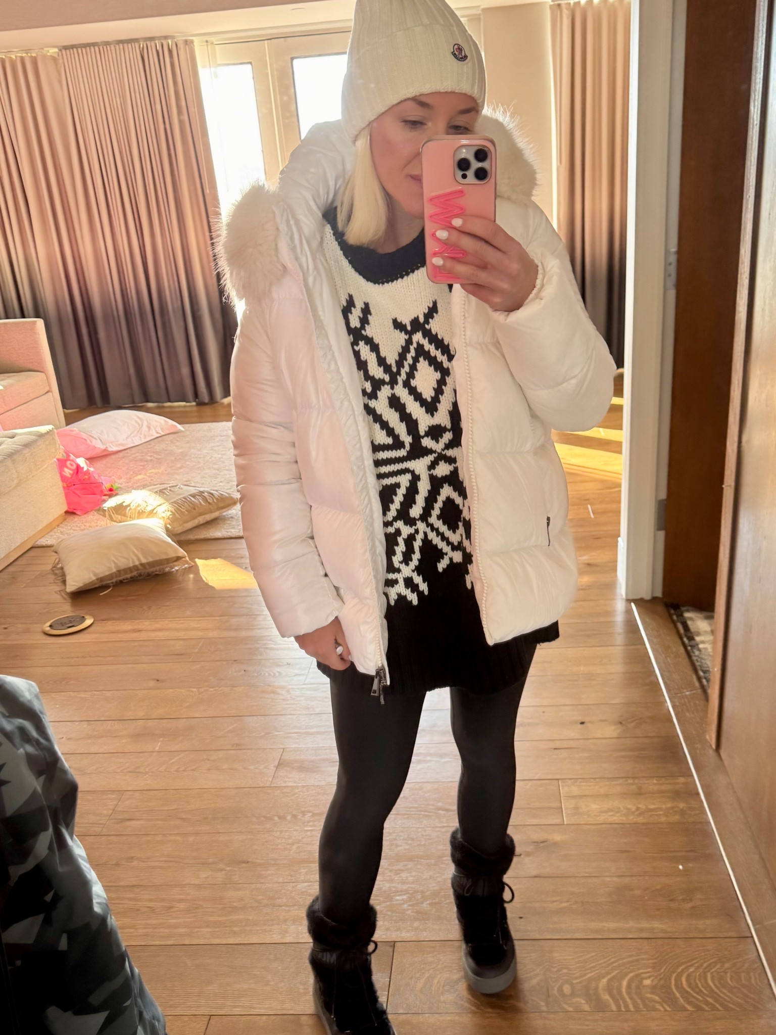 Show Me Your Mumu snowflake sweater. Size XS. Thermal fleece ligned leggings size small.
Black moon boots. Après style.
White Monclear jacket 

#LTKTravel #LTKSeasonal #LTKShoeCrush