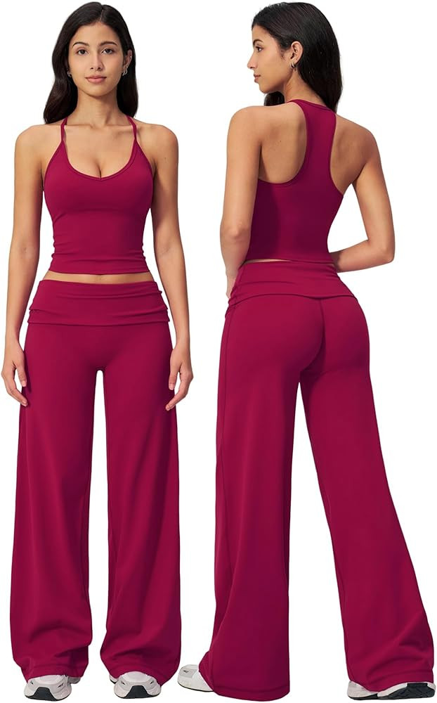 QBGJTD Womens Workout Sets Two Piece Racerback Crop Top Matching Straight Leg Pants Gym Work Pila... | Amazon (US)