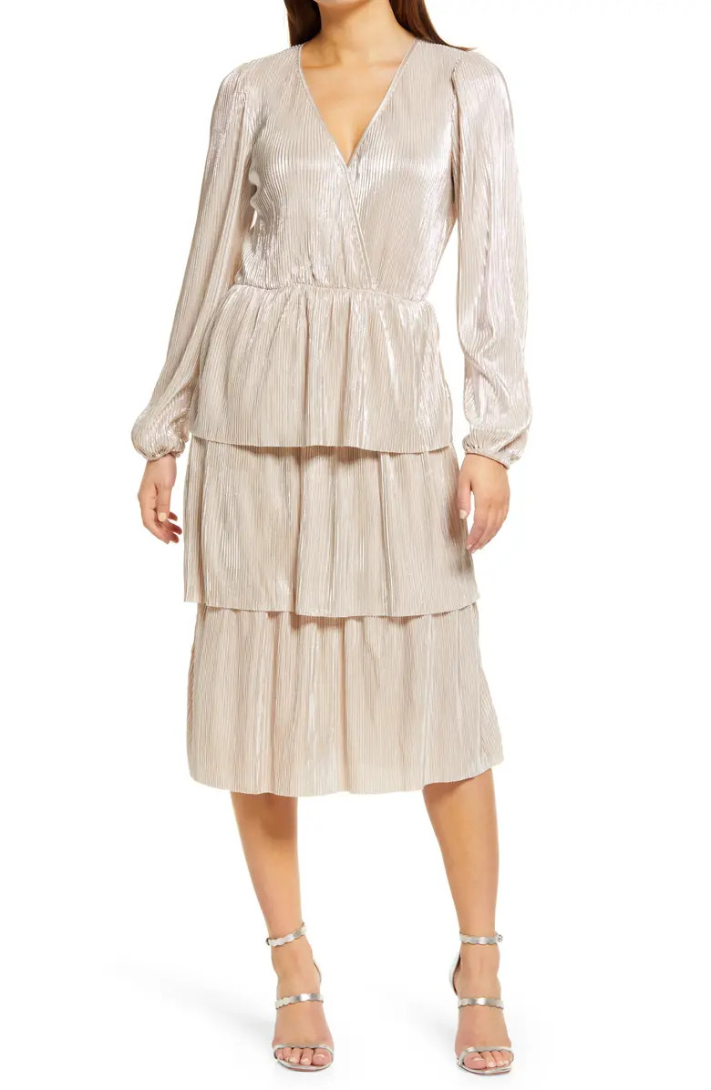Metallic Long Sleeve Tiered Midi Dress | Nordstrom