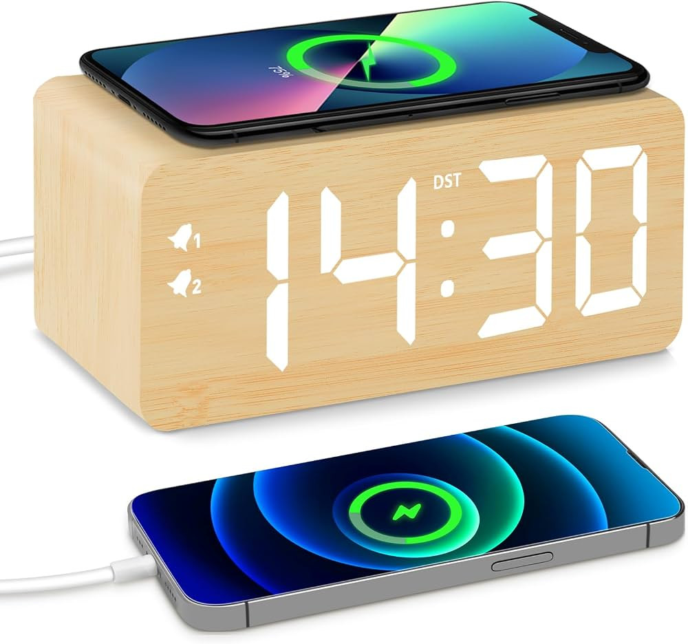 Wooden Digital Alarm Clock, 10W Fast Wireless Charger Station & 2 USB Charging Ports, with 0~99% ... | Amazon (US)