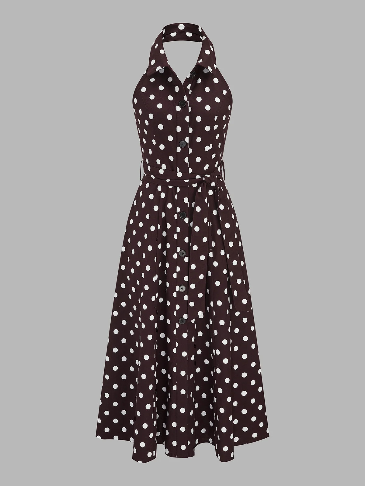 Polka Dot Halter Belted Cotton Linen Midi Dress | Commense