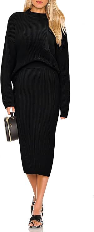 PRETTYGARDEN Womens 2023 Fall Two Piece Outfits Ribbed Knit Long Sleeve Pullover Sweater And Body... | Amazon (US)