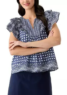 Crown & Ivy™ Women's Short Ruffle Sleeve Printed Top | Belk