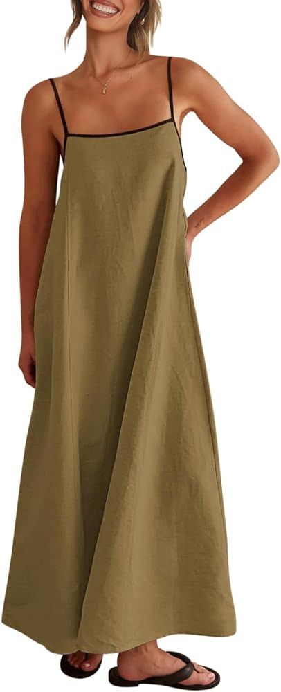 Shy Velvet Women's 2026 Summer Linen Maxi Dress Contrast Spaghetti Strap Dress Backless Casual Pa... | Amazon (US)