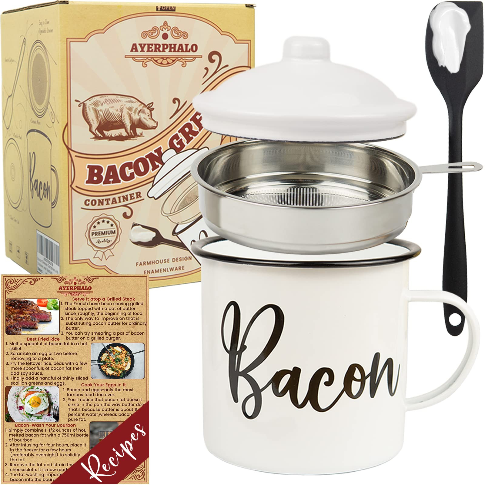 Bacon Grease Container with Strainer - With Food-Grade Silicone Spatula , 46oz Large Enamel Rusti... | Amazon (US)