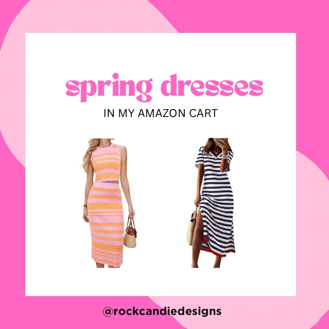 Spring dresses that are in my Amazon cart. I’ve had my eye on the orange and pink two piece dress for quite some time, and I finally ordered it!! The striped dress is so cute for a casual dress option. Both are perfect for spring break or a beach or warm weather vacation or even just a weekend around town or a date night outfit! They all come in lots of color options and are super affordable! 

#LTKSaleAlert #LTKOver40 #LTKootd