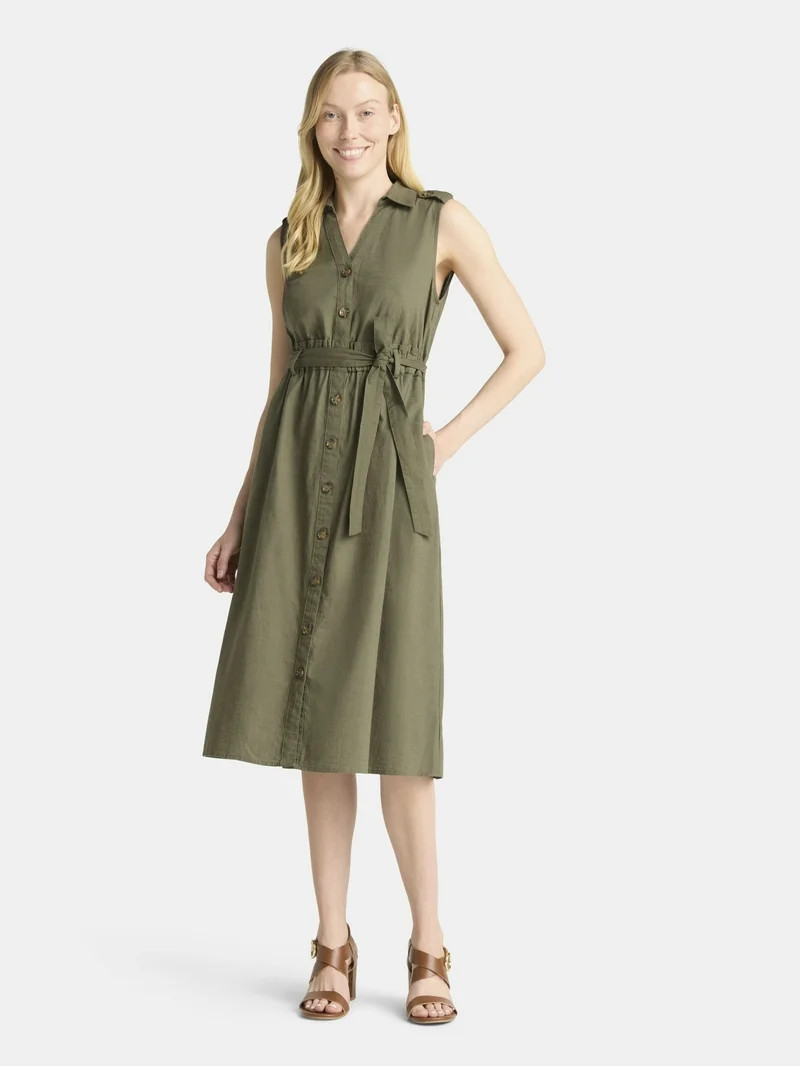 Time and Tru Women's Sleeveless Cotton Belted Midi Shirtdress, Sizes XS-XXXL - Walmart.com | Walmart (US)