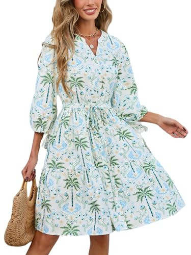 D-Sun Womens Floral Boho Mini Dress 3/4 Sleeve V Neck Print Flowy Mini Dresses Button Down A-Line Swing Beach Dress Green | Amazon (US)