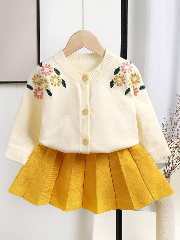 Young Girl Floral Embroidery Cardigan & Pleated Knit Skirt | SHEIN