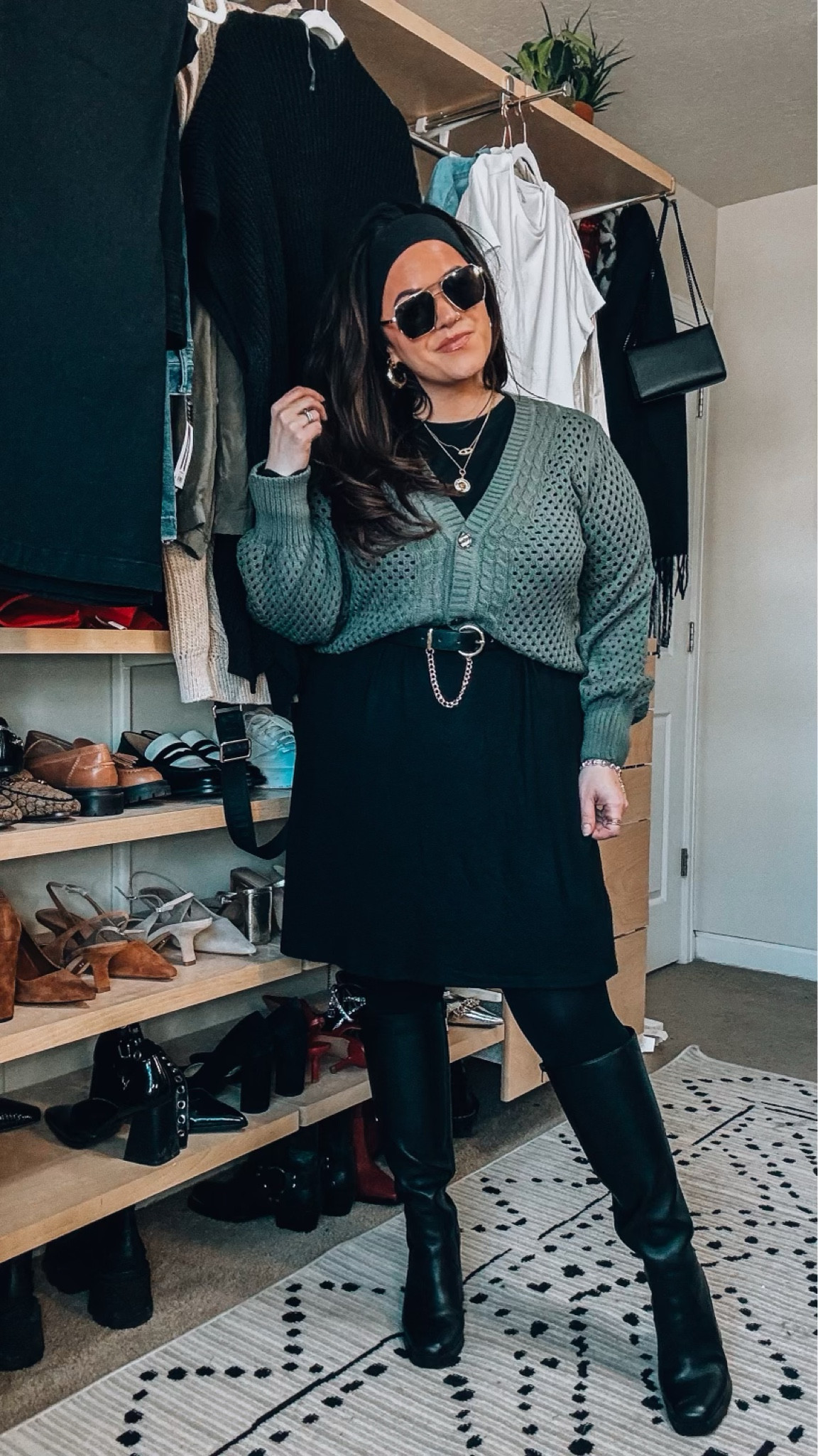 Midsize Walmart work outfit Inspo 
Business casual outfit 
Cozy long sleeve dress xl
Cardigan xl 
Black tights 
Chain belt xl  

#LTKworkwear #LTKmidsize #LTKSeasonal