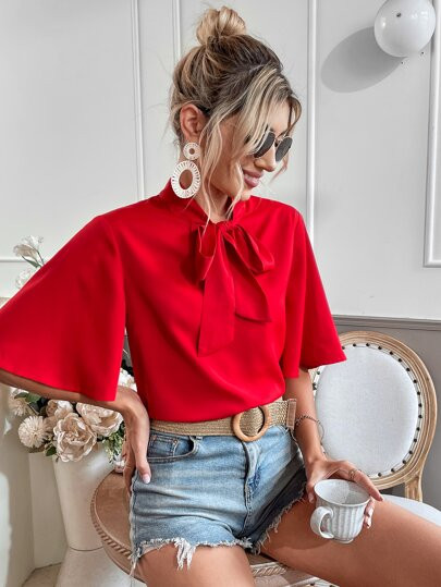 SHEIN VCAY Tie Neck Flounce Sleeve Blouse | SHEIN